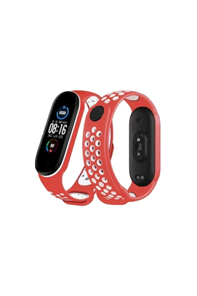 Xiaomi Mi Band 6 Uyumlu Spor Delikli Kordon - Kırmızı-Beyaz