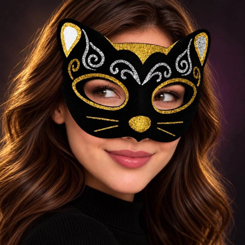 Işıltılı Kadife Kedi Maskesi 20x13 cm Altın Gümüş