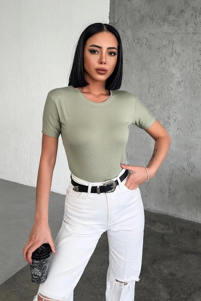 Rahat Ve Şık Kısa Kollu Bisiklet Yaka Likralı Viskon Penye Body Haki