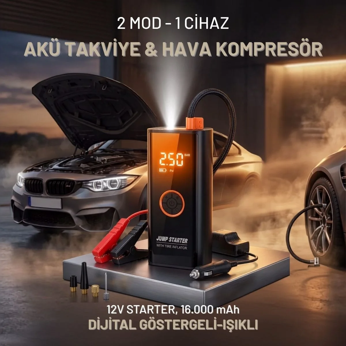 Akü Takviye Cihazı ve Lastik Şişirme Pompası – Powerbank Özellikli, Dijital Ekranlı SOS Fenerli Taşınabilir Kompresör