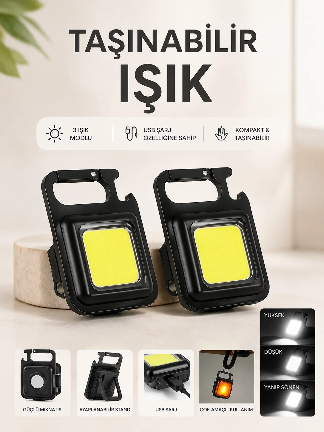 Taşınabilir Işık 3 Işık Modlu Usb Şarj Özeeliğine Sahip