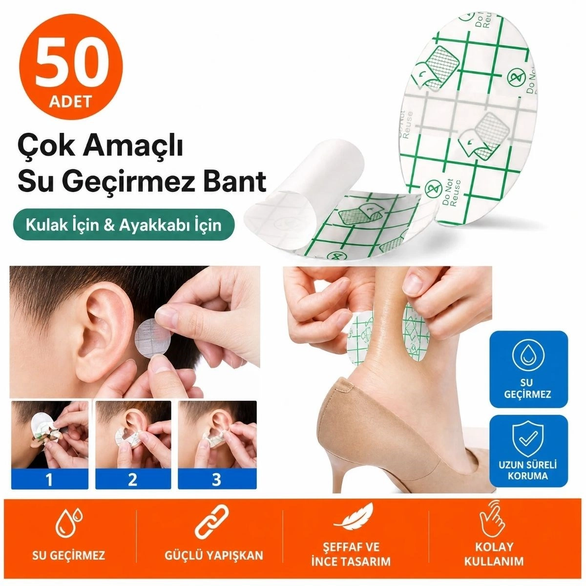 Çok Amaçlı 50 Adet Su Geçirmez Kulak Bandı Seti