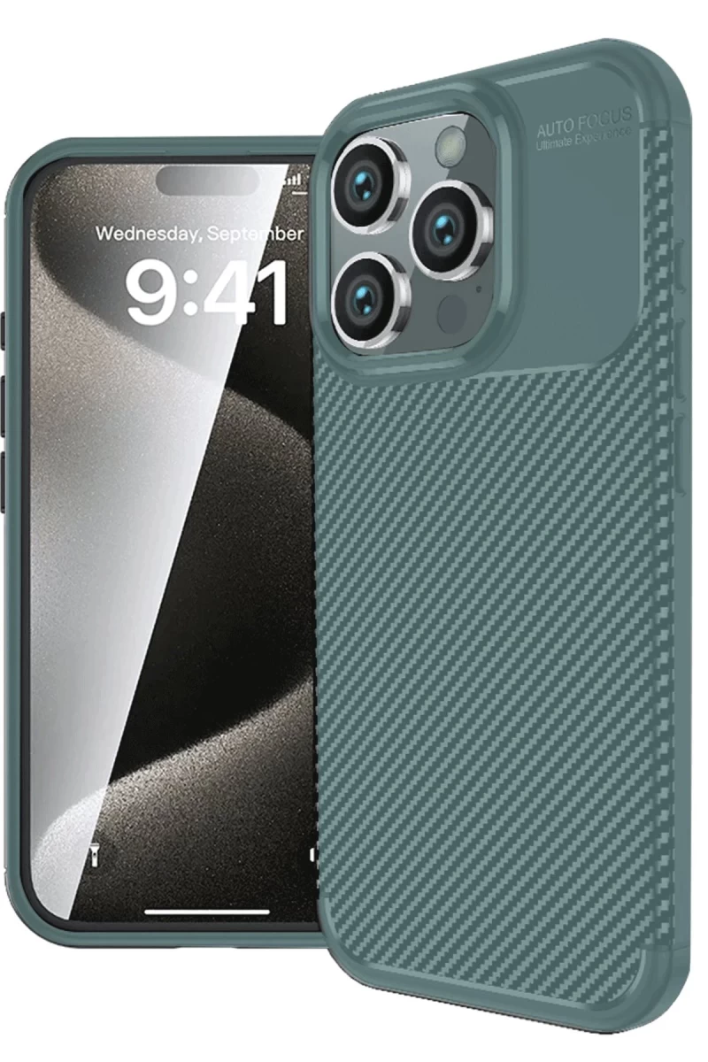 Apple iPhone 16 Pro Max Uyumlu Kılıf Auto Focus Karbon Kapak - Koyu Yeşil