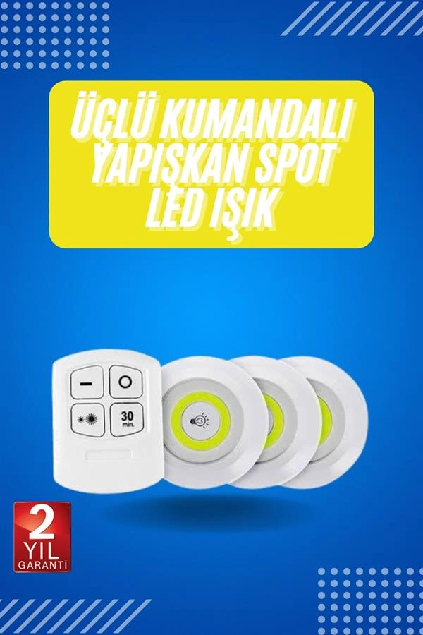 Kumandalı 3'lü Spot LED Işık Seti Pilli Montajsız