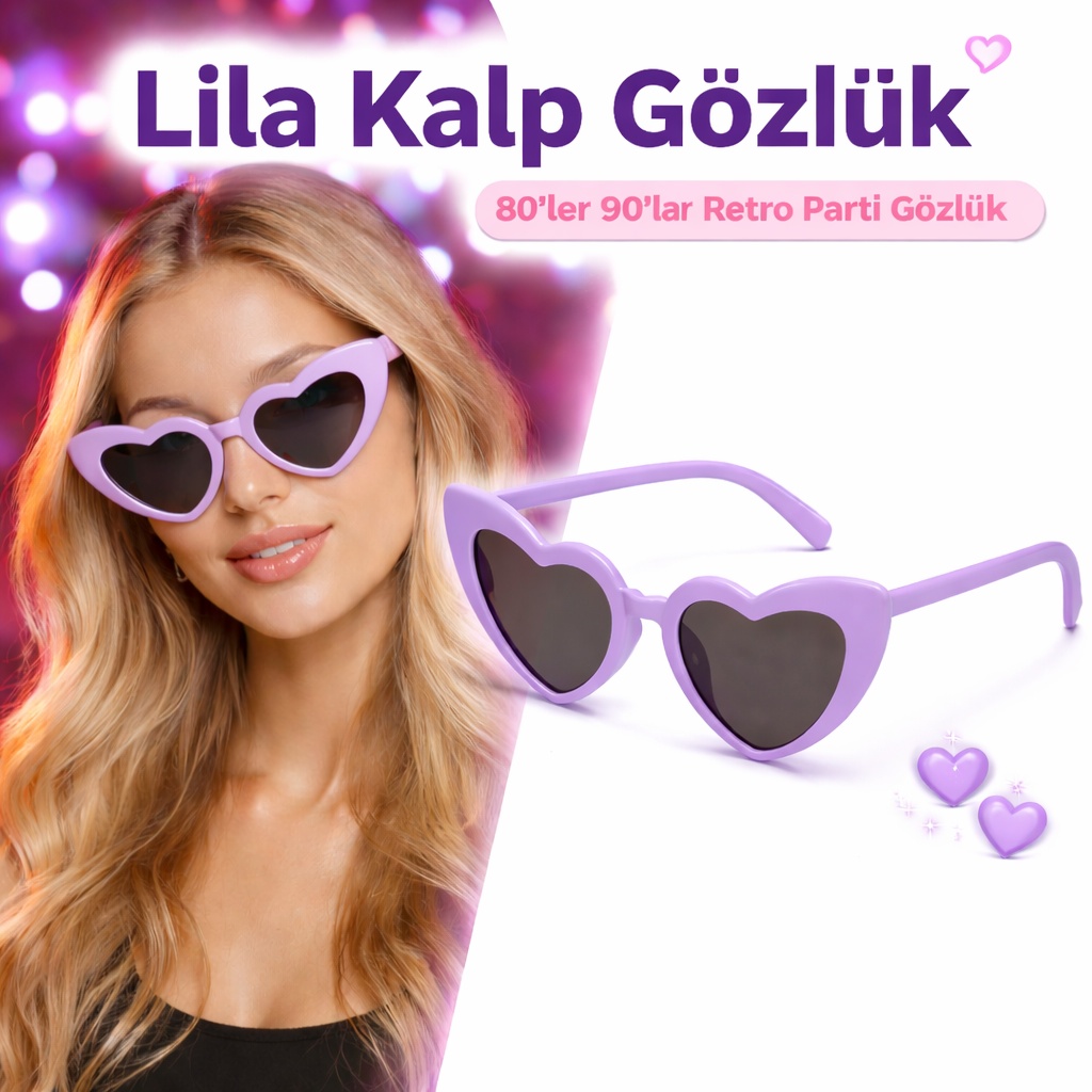 Mor Lila Retro Kalp Gözlük ? 80?ler 90?lar Stil Parti Gözlüğü