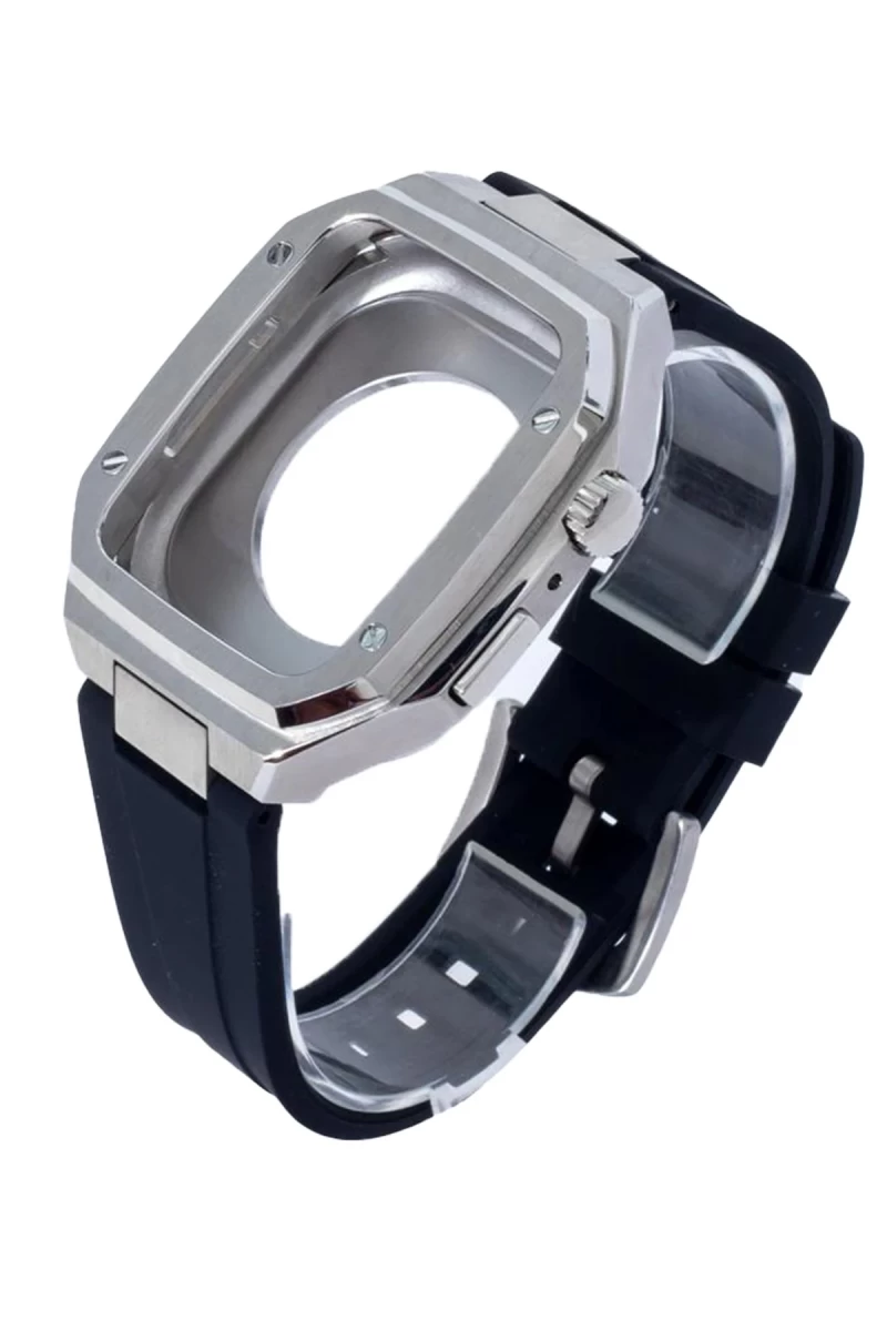 Apple Watch 44mm Uyumlu KR402 Metal Kasa Silikon Kordon - Gümüş
