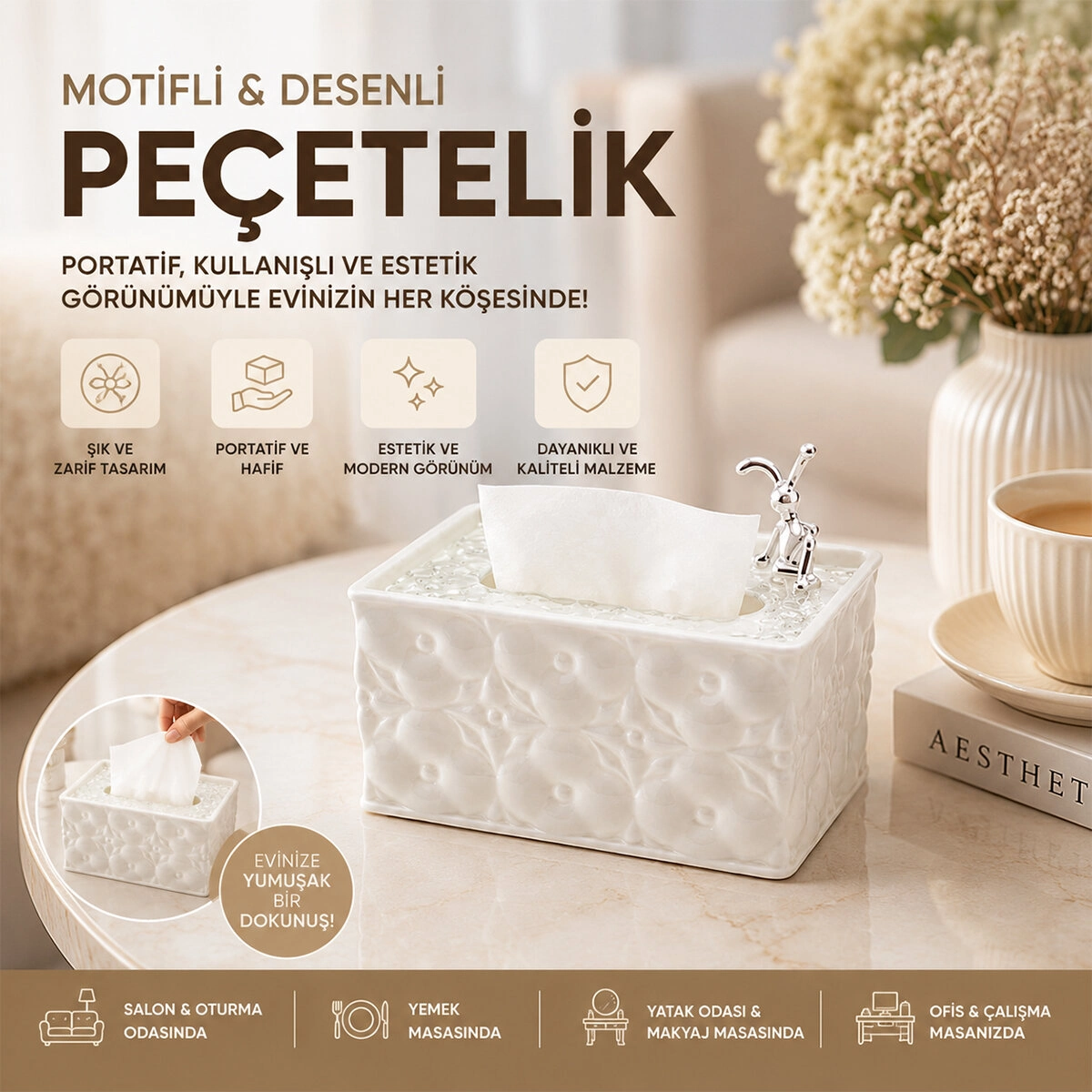 Dekoratif Beyaz Peçetelik 18.4x12.5x9cm Masaüstü Kullanım