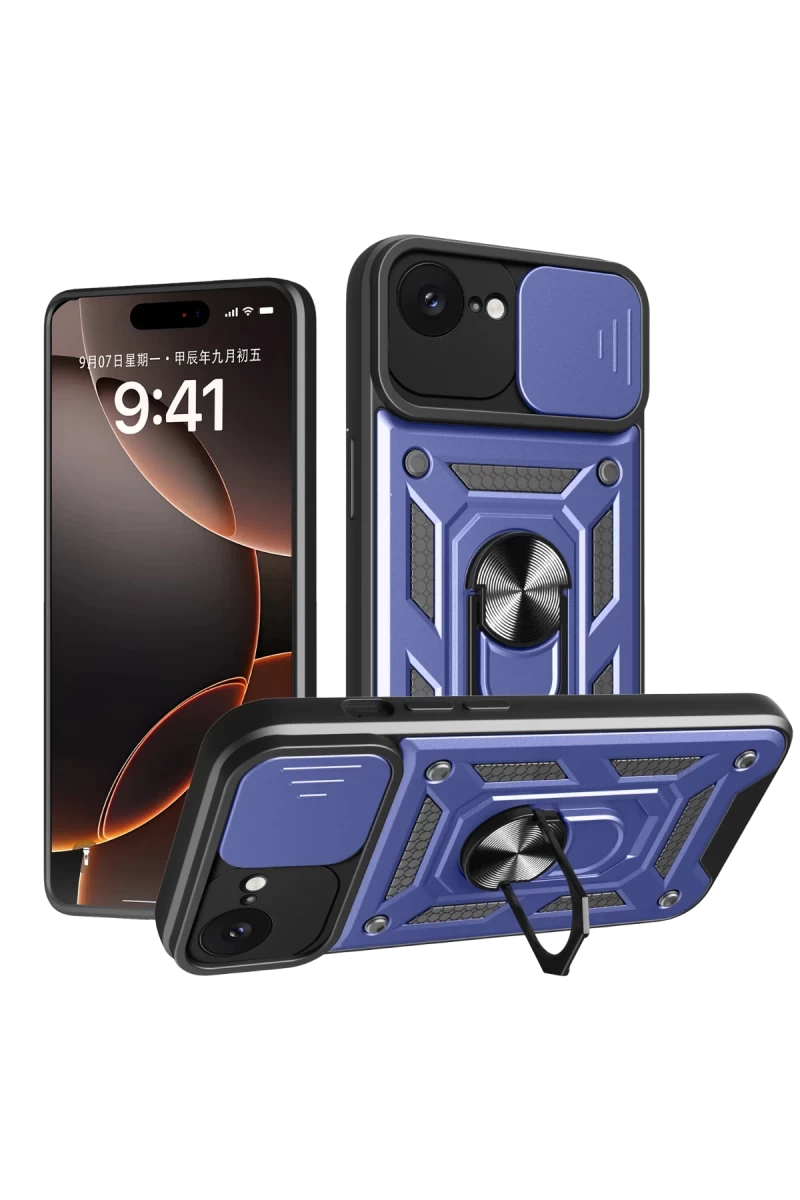 Apple iPhone 16E Uyumlu Kılıf Pars Lens Yüzüklü Silikon - Lacivert