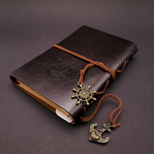 Şık Eskitme Deri Pusula Defter 75 Yaprak