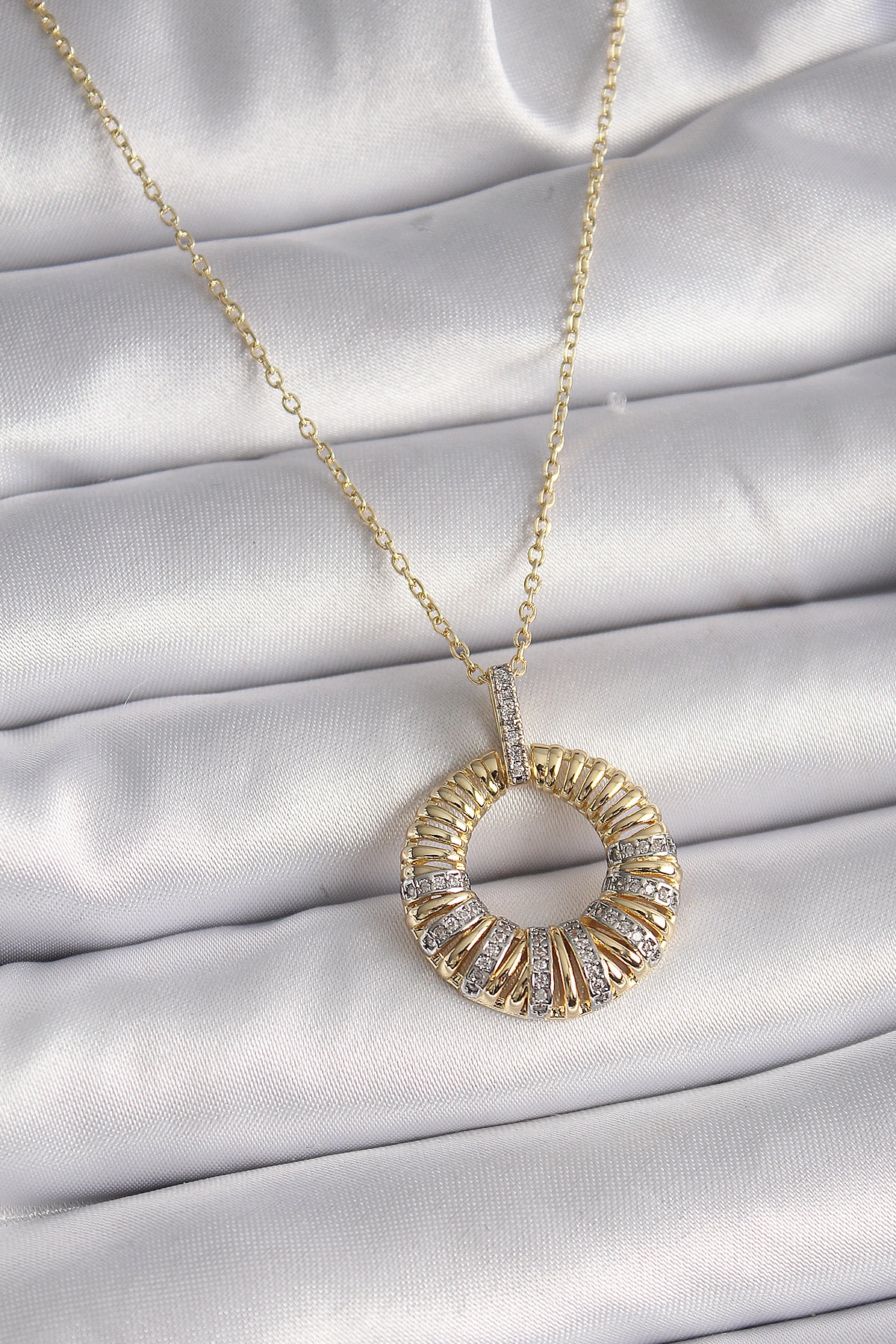 Gold Renk Zincir Gümüş Zirkon Taşlı Daire Kolye 45 cm