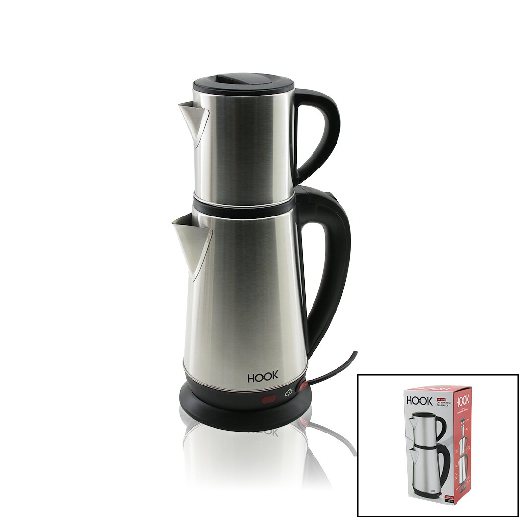 Elektrikli Çay Makinesi Çaycı Set 1.8LT Su Isıtıcı Pls.+ 0.8LT Demlik Çelik Taban 1800W 360 Derece Gövde HK-509