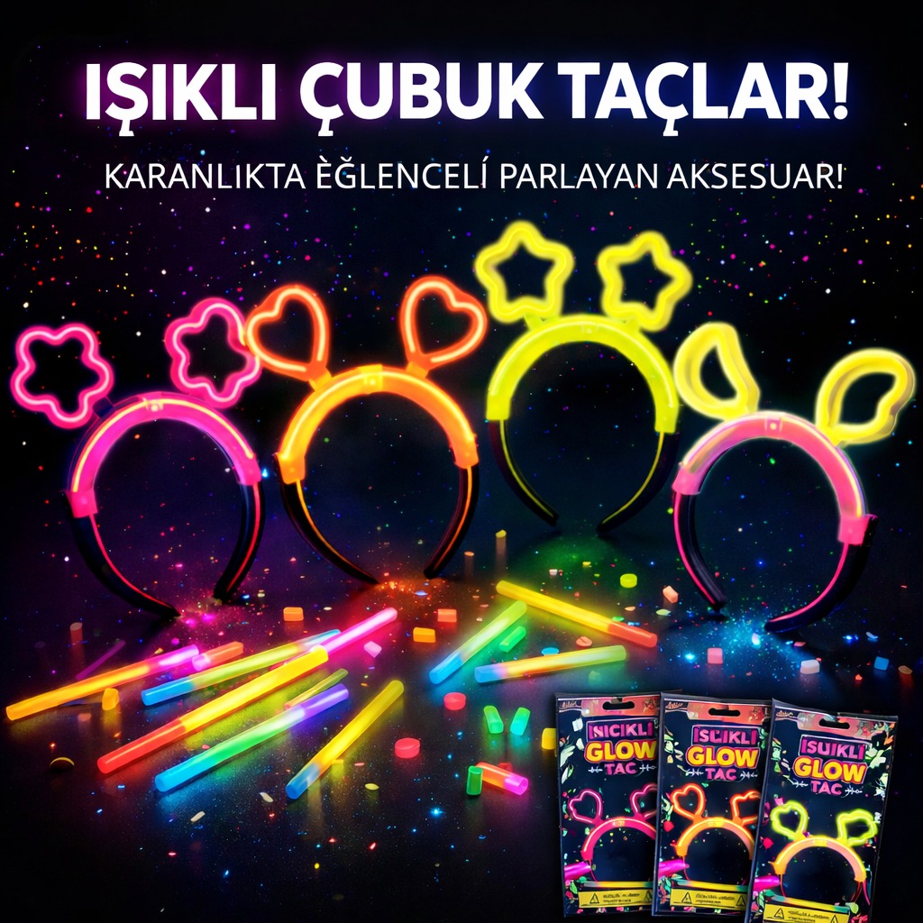 Karanlıkta Parlayan Glow Taç Seti 12 Adet ? Yıldız Kalp Ay Çiçek (Her Model 3 Adet)