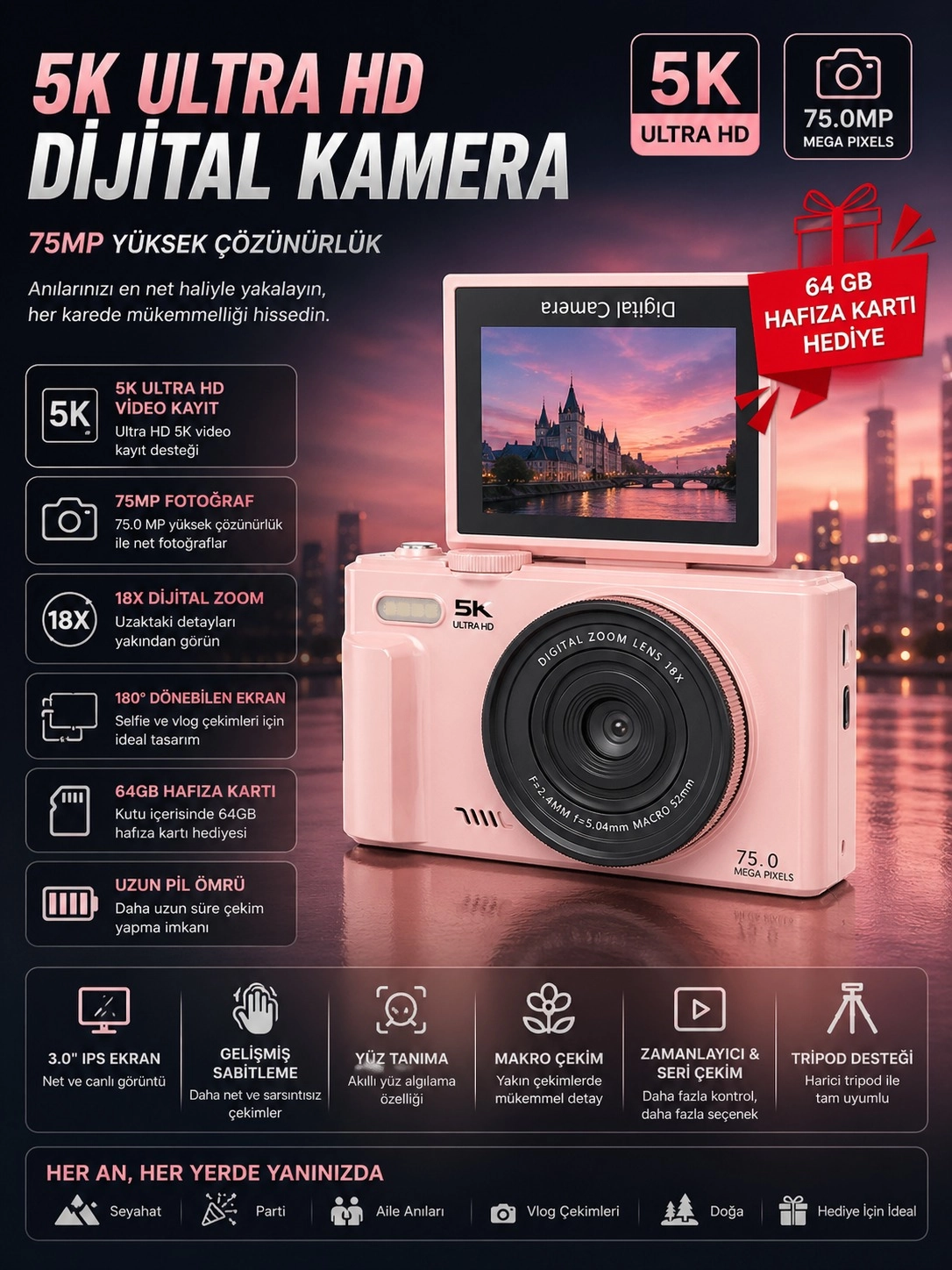 5K 75MP HD Dijital Kamera 18X Dijital Zoom, Flaşlı,3.0 inç Ekranlı Vlog ve Fotoğraf Makinesi
