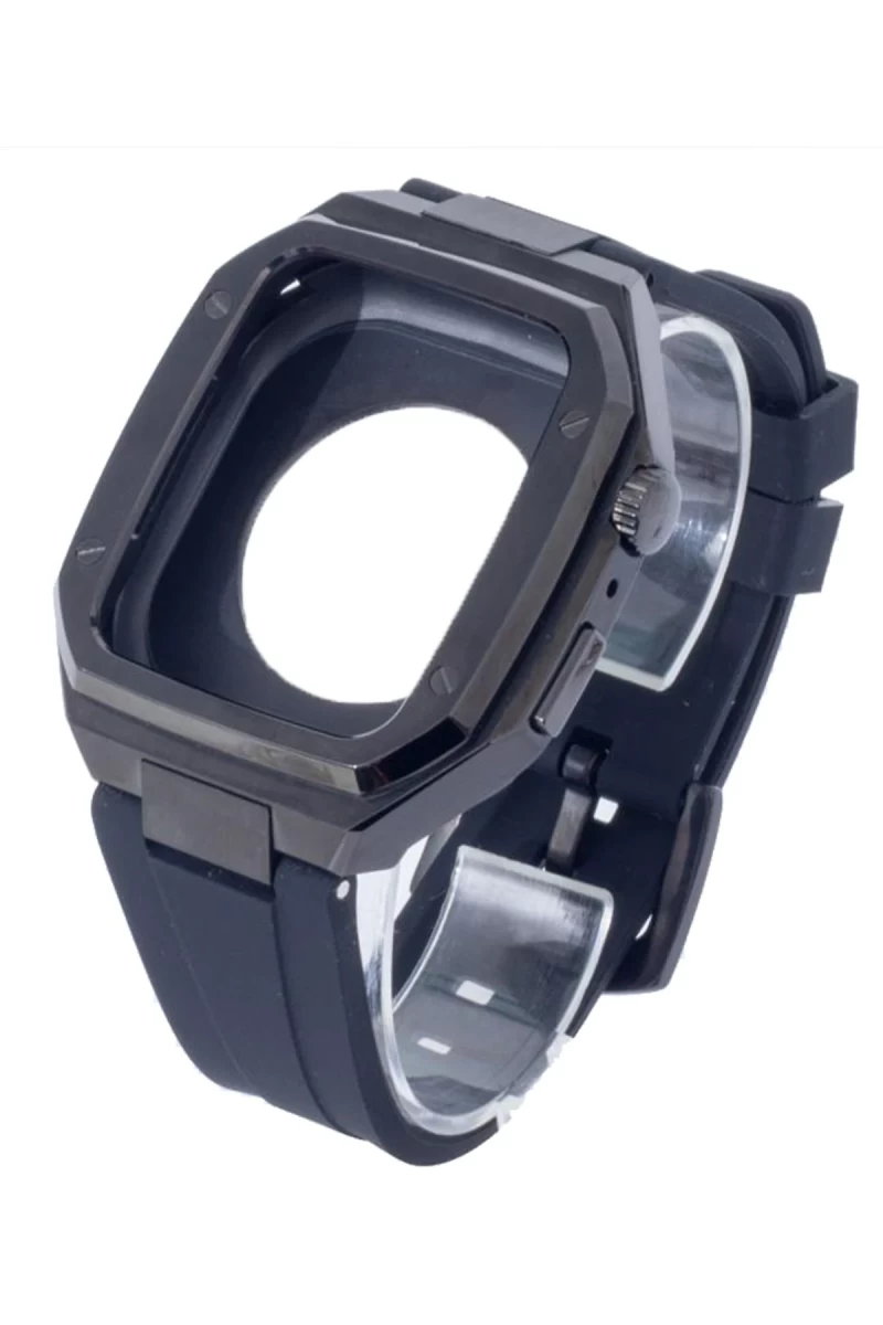Apple Watch 44mm Uyumlu KR402 Metal Kasa Silikon Kordon - Siyah