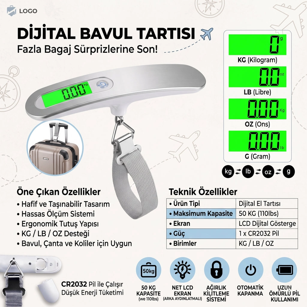 Kompakt Dijital Bavul Tartısı 50 KG Kapasiteli LCD Ekranlı