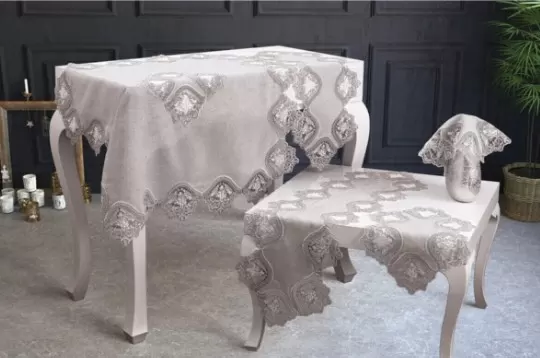 Salon Takımı 5 Parça Keten Dantelli Masa Örtüsü Runner Seti Çeyizlik Flowers Model No 9964 Kapiçino