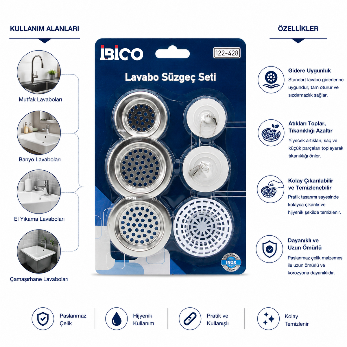 Lavabo süzgeç ve tapa seti