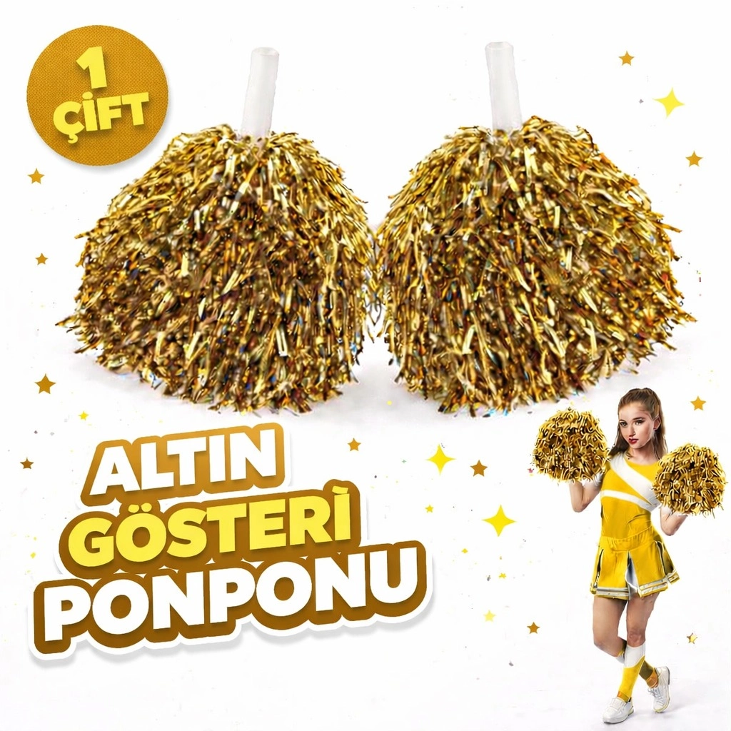 Dolgun Altın Renk Gösteri Ponponları 2 Adet Okul Etkinlikleri İçin