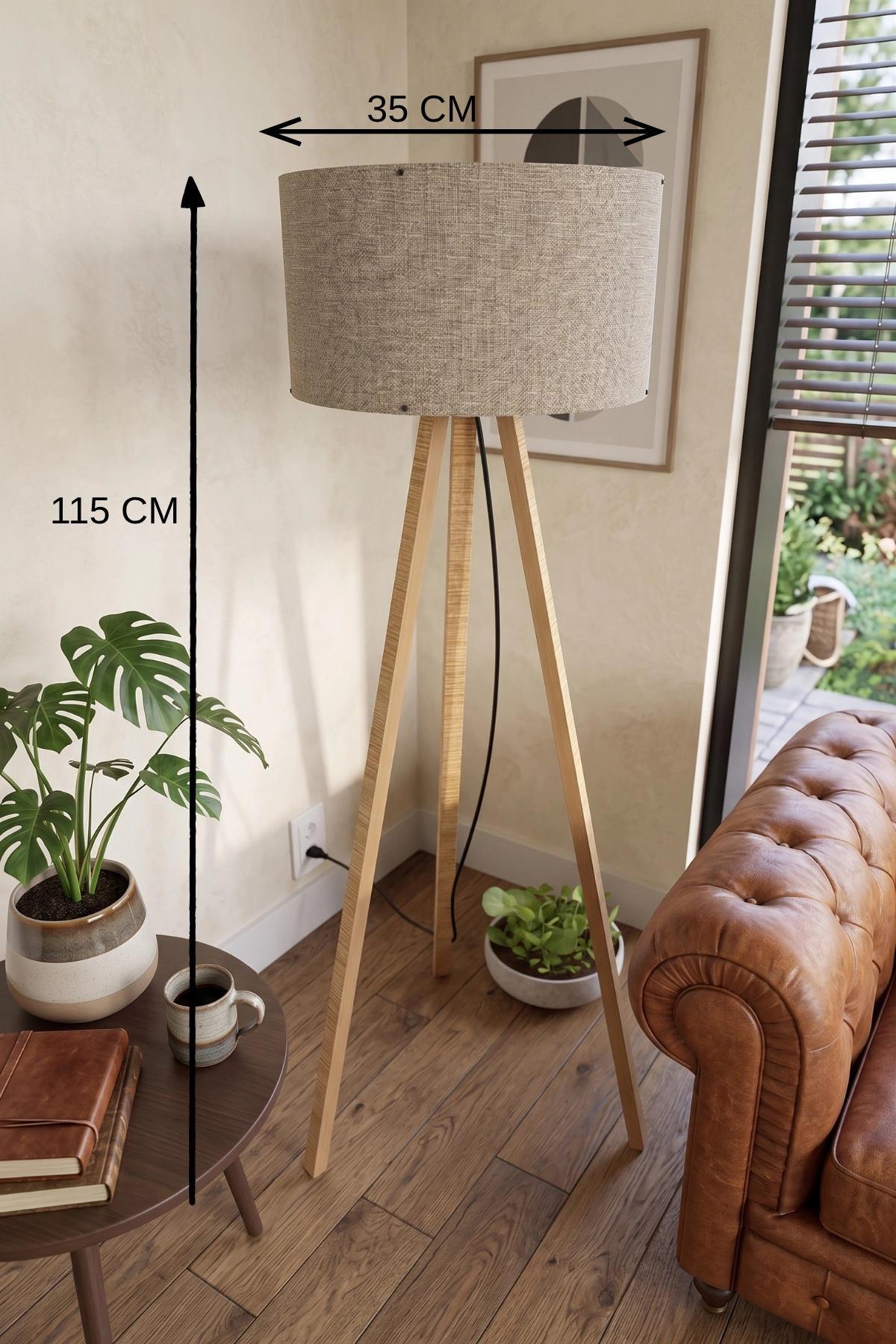 Şık Tripod Lambader Vizon Kumaş Başlık 115 cm Yükseklik