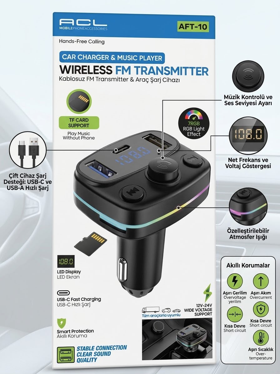 FM Transmitter ve Çift Çıkışlı Araç Şarj Kiti