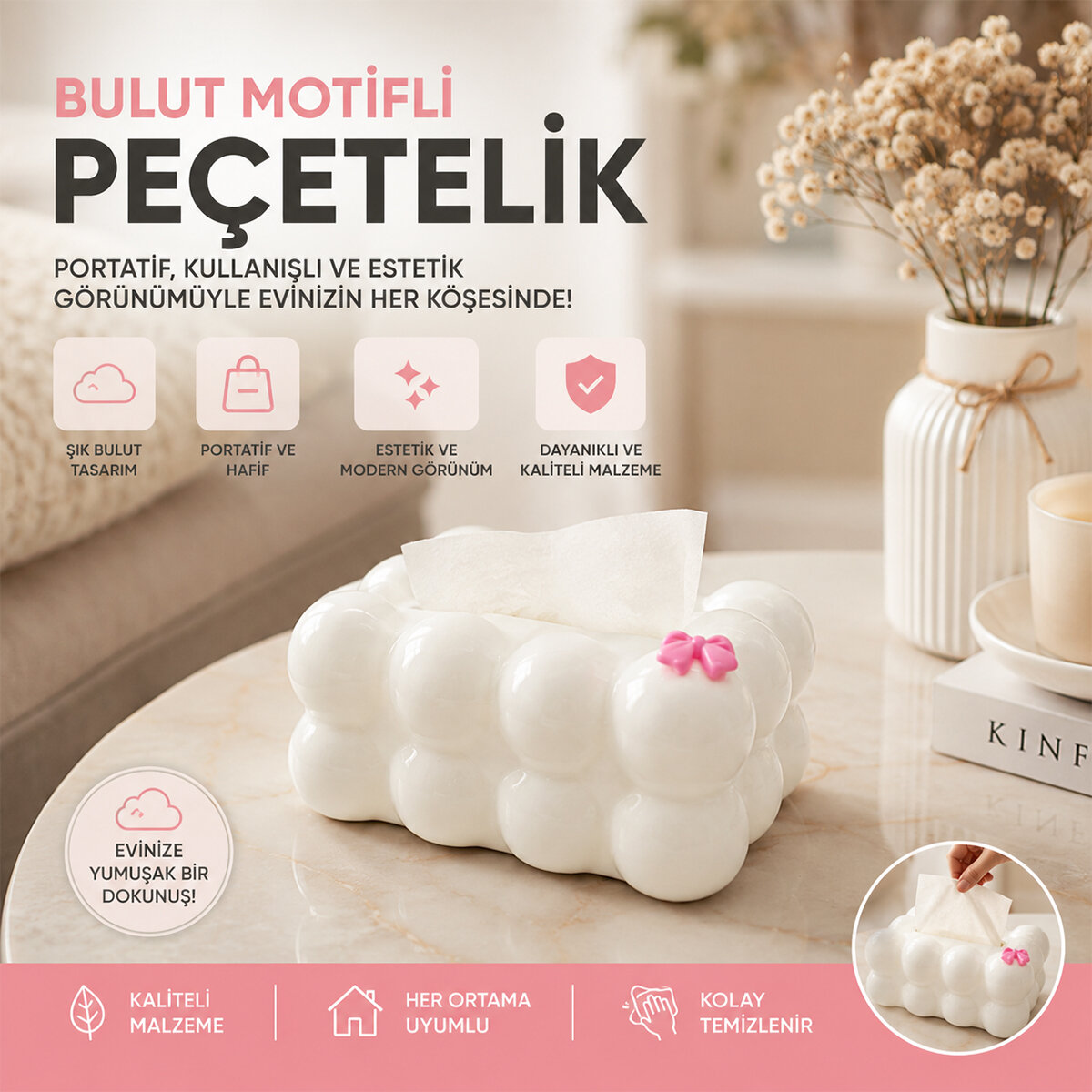 19X12.5X8.5CM Beyaz Yaylı Masaüstü Bubble Dekoratif Bulut Peçetelik