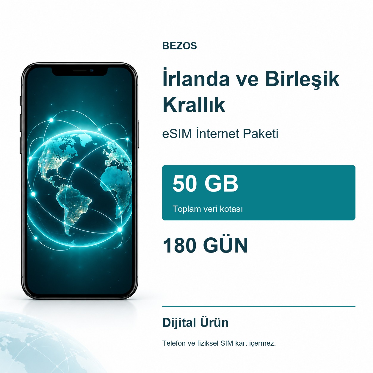 İrlanda ve Birleşik Krallık eSIM İnternet Paketi 50 GB 180 Gün