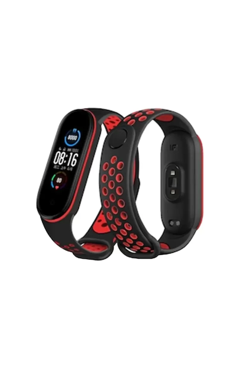 Xiaomi Mi Band 6 Uyumlu Spor Delikli Kordon - Siyah-Kırmızı