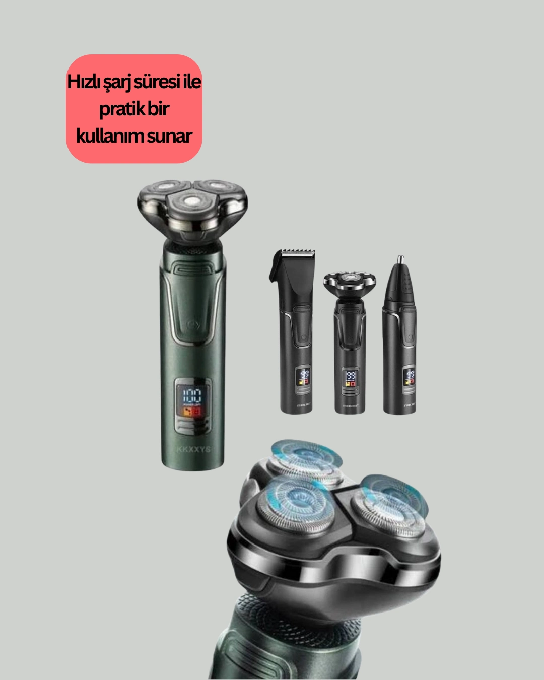 Ergonomik Şarjlı Tıraş Makinesi 3'lü Başlık Seti