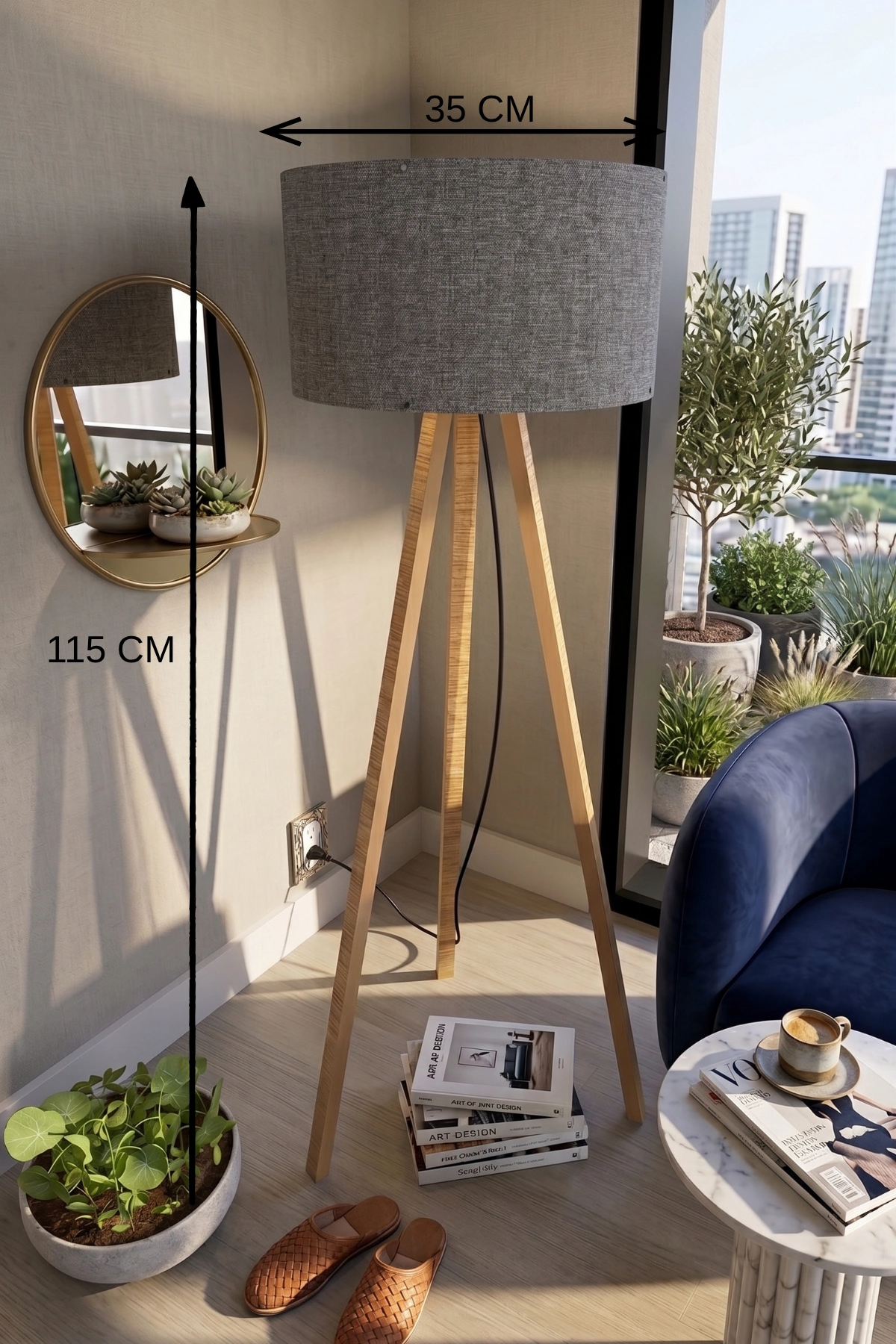 Şık Tripod Lambader Koyu Gri Başlık 115 cm Yükseklik