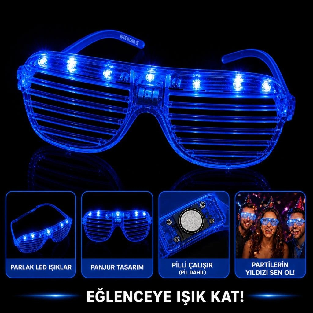 Parti Gözlüğü Mavi Renk LED Işıklı 1 Adet