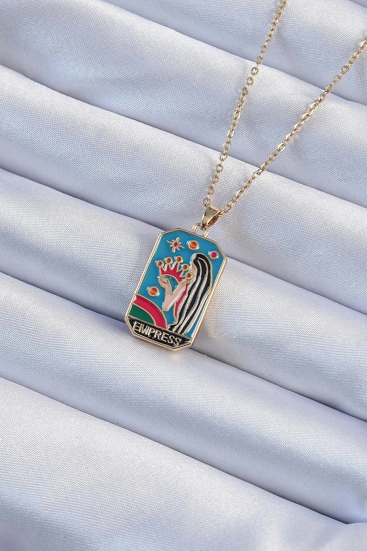 Renkli Mineli Tarot Kolye 45 cm Çelik Zincirli Kız Figürü