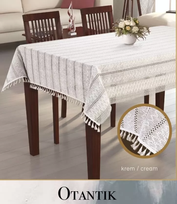 Otantik Model Krem 150x220 cm Pamuklu Masa Örtüsü Tablecloth Zarif Yemek Masası