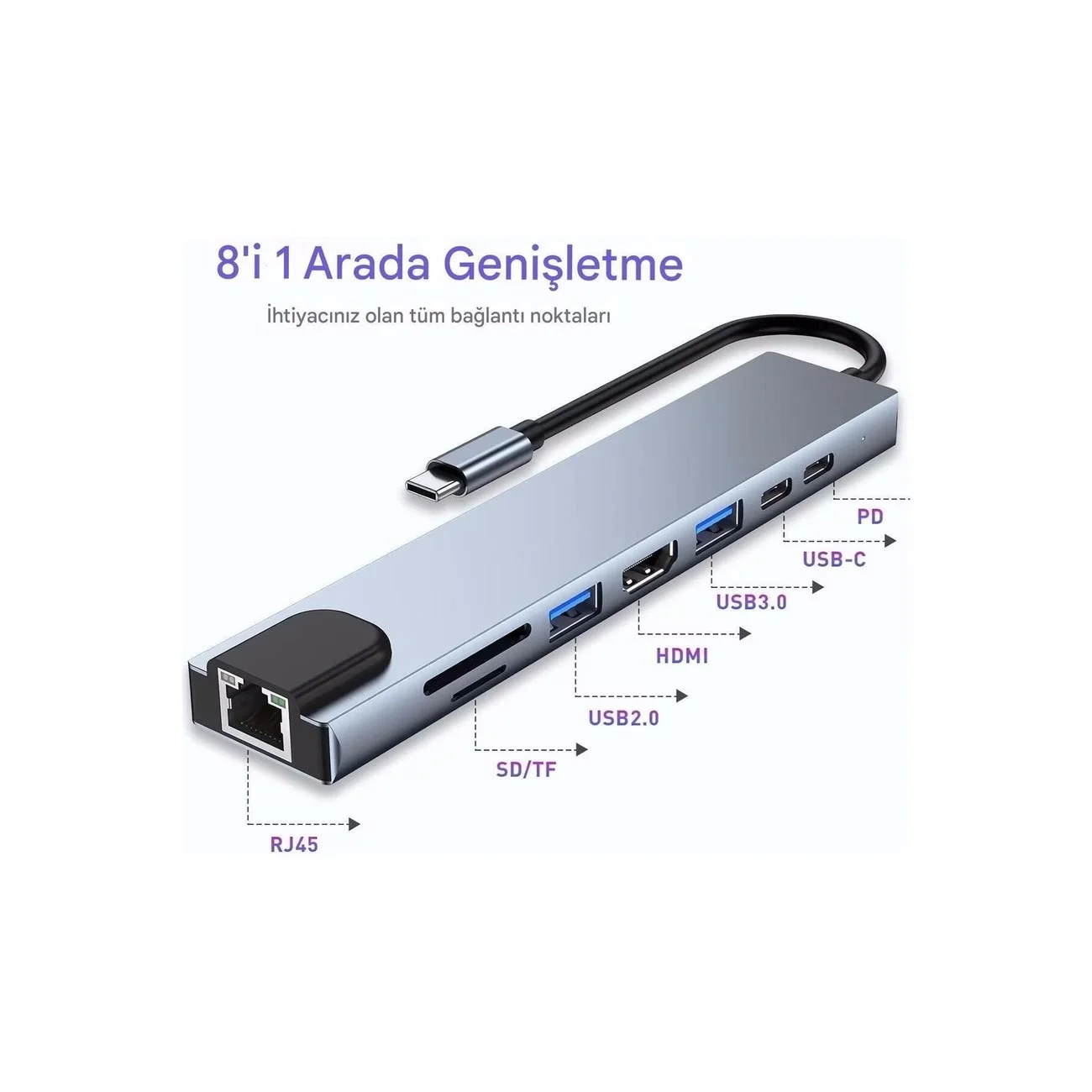 MacBook ve Laptop Uyumlu Çok Fonksiyonlu USB-C Dönüştürücü - Alüminyum Gövdeli Hub