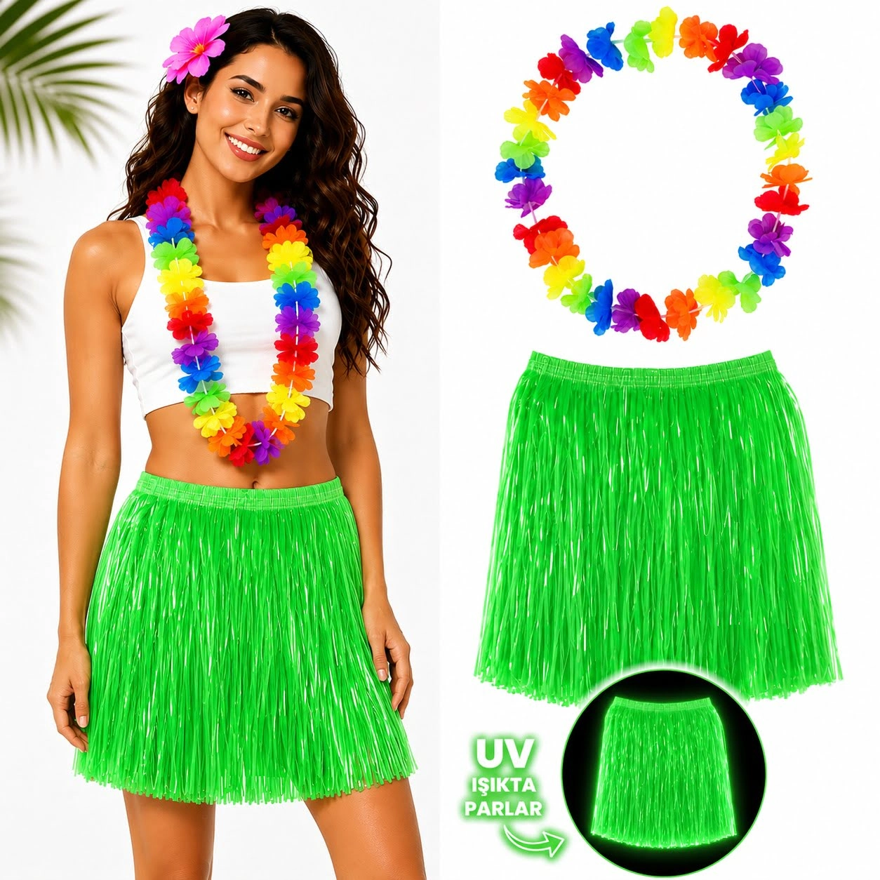 Hawaii Temalı Neon Yeşil Etek 40 cm ve Rengarenk Kolye Seti