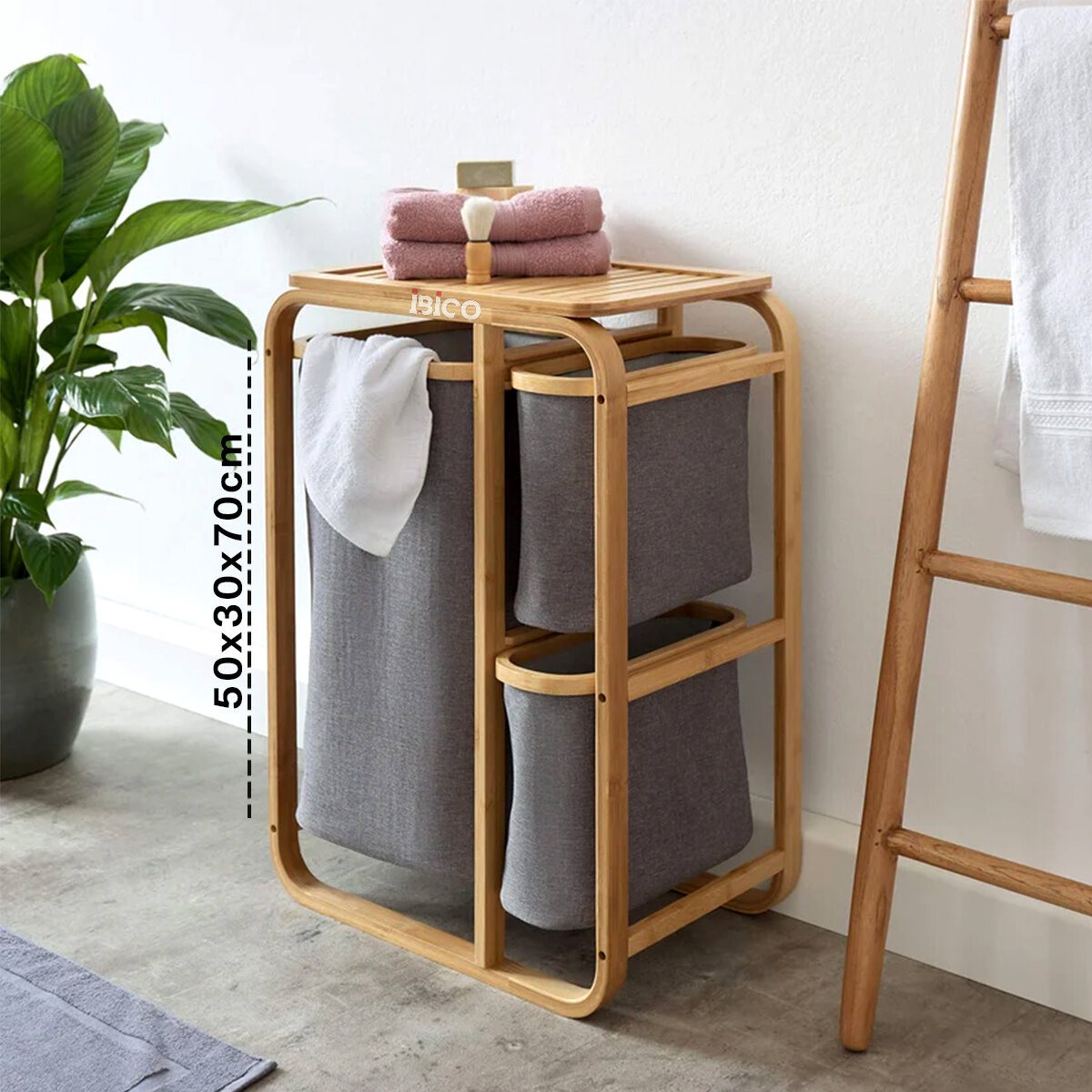 Kirli Çamaşır Sepeti Ahşap - Bambu 3 Organizer Bölmeli Kumaş Çantalı 50X30X70CM