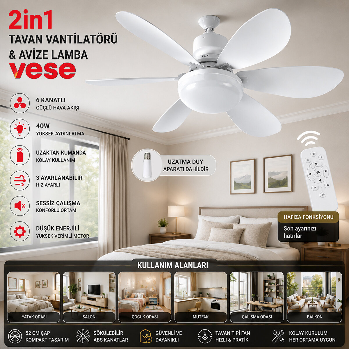2İN1=TAVAN Vantilatör - Avize Lamba 40W Kumandalı 6KNAT VNT-005