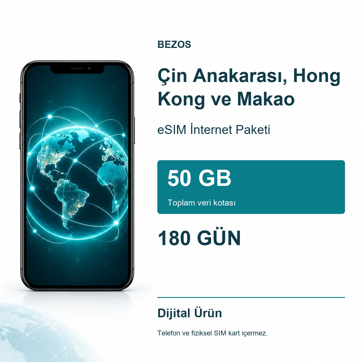 Çin Anakarası, Hong Kong ve Makao eSIM İnternet Paketi 50 GB 180 Gün